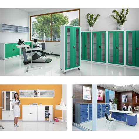 Apothekerschrank aus Stahl mit verglasten zweiflügeligen Türen und Seitenwände, Glasböden, BxHxT: 800x1800x435 mm, Türfarbe Blau RAL5012 - Malow - Bild6