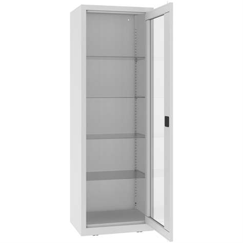 Kovová skříň s prosklenými dveřmi, kovové police, jednokřídlé dveře, š x h x v: 600x435x1800 mm, barva šedá RAL7035 - Malow