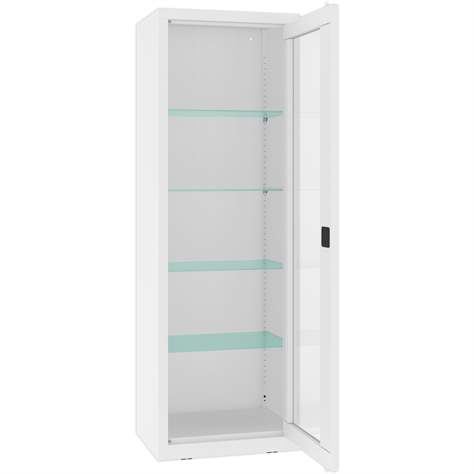 Apothekerschrank aus Stahl mit verglasten einflügeligen Türen, Glasböden, BxHxT: 600x1800x435 mm, Farbe Weiß RAL9010 - Malow