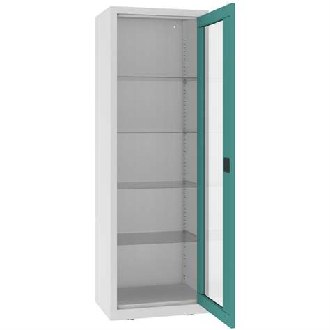 Dulap metalic cu ușă batantă cu geam, poliţe metalice, L x l x h : 600x435x1800 mm, uși verzi RAL6033 - Malow