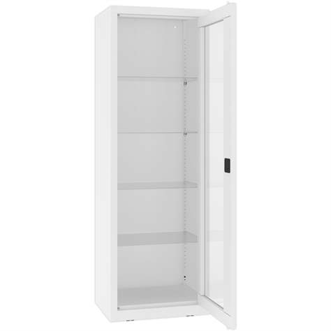 Kovová skříň s prosklenými dveřmi, kovové police, jednokřídlé dveře, š x h x v: 600x435x1800 mm, barva bílá RAL9010 - Malow