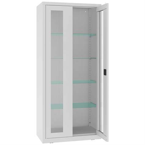 Apothekerschrank aus Stahl mit verglasten zweiflügeligen Türen, Glasböden, BxHxT: 800x1800x435 mm, Farbe Grau RAL7035 - Malow