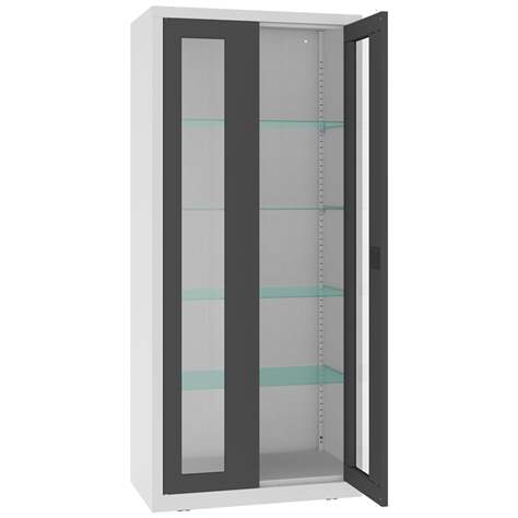 Apothekerschrank aus Stahl mit verglasten zweiflügeligen Türen, Glasböden, BxHxT: 800x1800x435 mm, Türfarbe Anthrazit RAL7016 - Malow