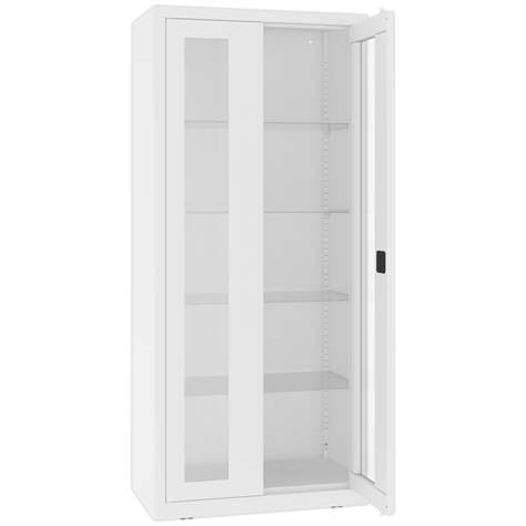 Kovová skříň s prosklenými dveřmi, kovové police, dvoukřídlé dveře, š x h x v: 800x435x1800 mm, barva bílá RAL9010 - Malow