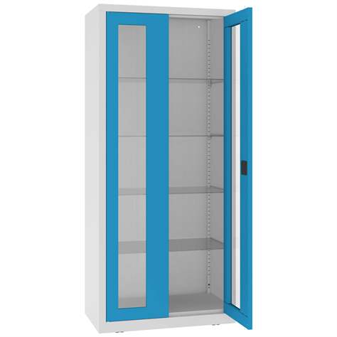 Stahlschrank mit verglasten zweiflügeligen Türen, Metallböden, BxHxT: 800x1800x435 mm, Türfarbe Blau RAL5012 - Malow
