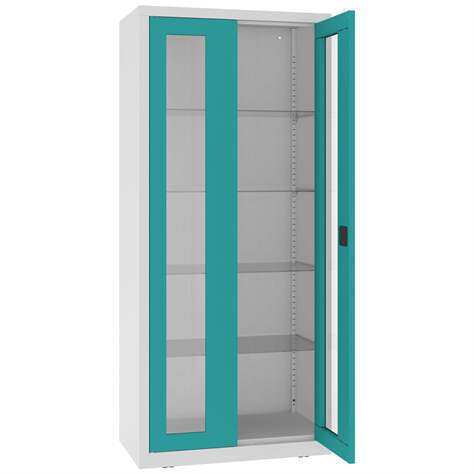 Stahlschrank mit verglasten zweiflügeligen Türen, Metallböden, BxHxT: 800x1800x435 mm, Türfarbe Türkisblau RAL5018 - Malow