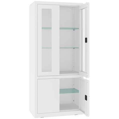 Apothekerschrank aus Stahl, obere zweiflügeligen Türen verglast, untere massiv, Glasböden, BxHxT: 800x1800x435 mm, Farbe Weiß RAL9010 - Malow