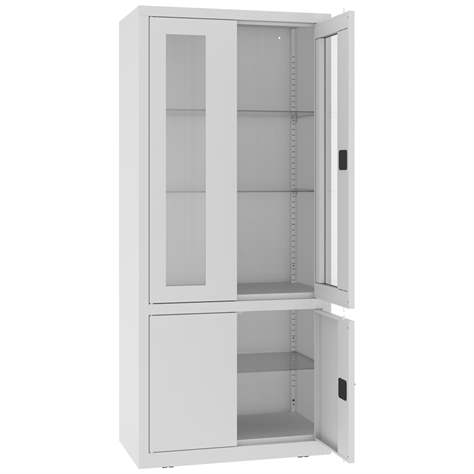 Kovová skříň, horní dveře prosklené, dolní plné, kovové police, dvoukřídlé dveře, š x h x v: 800x435x1800 mm, barva šedá RAL7035 - Malow