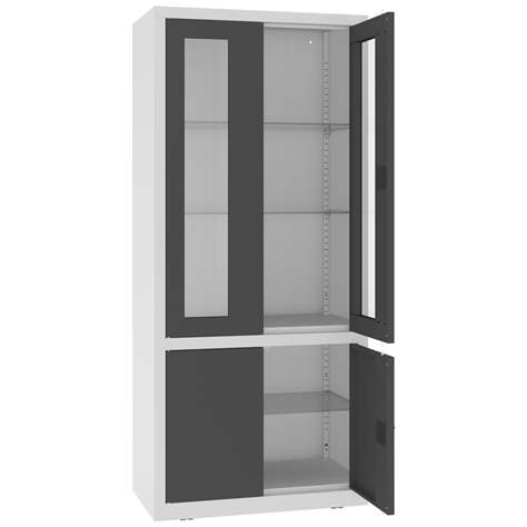Kovová skříň, horní dveře prosklené, dolní plné, kovové police, dvoukřídlé dveře, š x h x v: 800x435x1800 mm, barva dveří antracitová RAL7016 - Malow