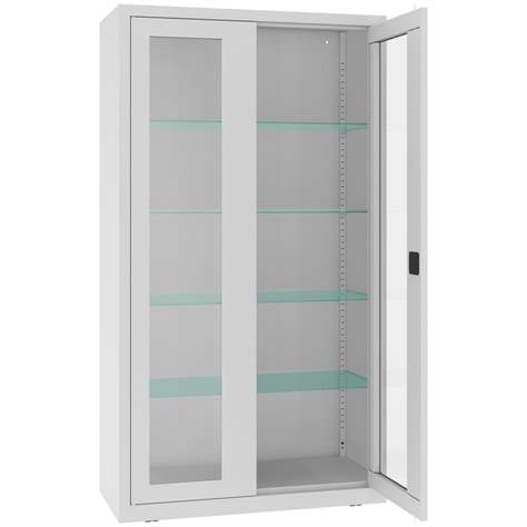 Apothekerschrank aus Stahl mit verglasten zweiflügeligen Türen, Glasböden, BxHxT: 1000x1800x435 mm, Farbe Grau RAL7035 - Malow