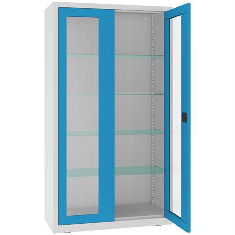 Apothekerschrank aus Stahl mit verglasten zweiflügeligen Türen, Glasböden, BxHxT: 1000x1800x435 mm, Türfarbe Blau RAL5012 - Malow