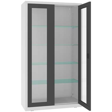 Apothekerschrank aus Stahl mit verglasten zweiflügeligen Türen, Glasböden, BxHxT: 1000x1800x435 mm, Türfarbe Anthrazit RAL7016 - Malow