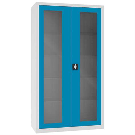 Apothekerschrank aus Stahl mit verglasten zweiflügeligen Türen, Glasböden, BxHxT: 1000x1800x435 mm, Türfarbe Blau RAL5012 - Malow - Bild5