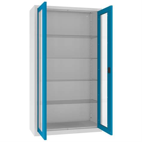 Apothekerschrank aus Stahl mit verglasten zweiflügeligen Türen, Glasböden, BxHxT: 1000x1800x435 mm, Türfarbe Blau RAL5012 - Malow - Bild6