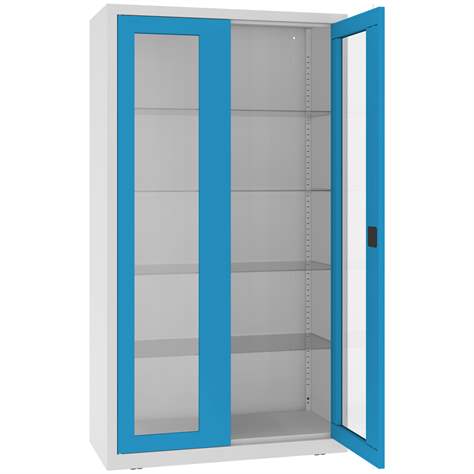 Dulap metalic cu uși batante cu geam, poliţe metalice, L x h x l: 1000x1800x435 mm, uși albastre RAL5012 - Malow