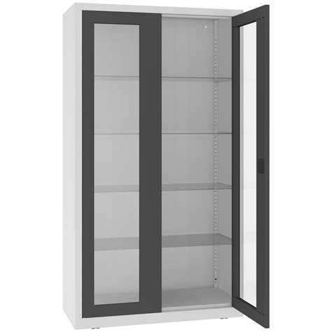 Kovová skříň s prosklenými dveřmi, kovové police, dvoukřídlé dveře, š x h x v: 1000x435x1800 mm, barva dveří antracitová RAL7016 - Malow