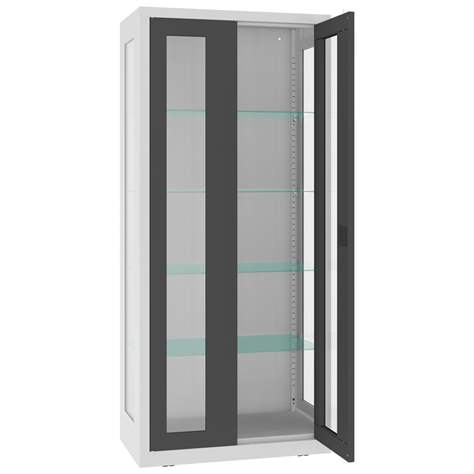 Apothekerschrank aus Stahl mit verglasten zweiflügeligen Türen und Seitenwände, Glasböden, BxHxT: 800x1800x435 mm, Türfarbe Anthrazit RAL7016 - Malow