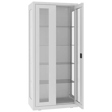 Dulap metalic cu uși batante si pereti laterali cu geam, poliţe metalice, L x h x l: 800x1800x435 mm, gri RAL7035 - Malow