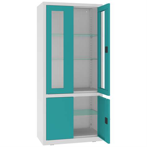 Apothekerschrank aus Stahl, obere zweiflügeligen Türen verglast, untere massiv, Glasböden, BxHxT: 800x1800x435 mm, Türfarbe Türkisblau RAL5018 - Malow