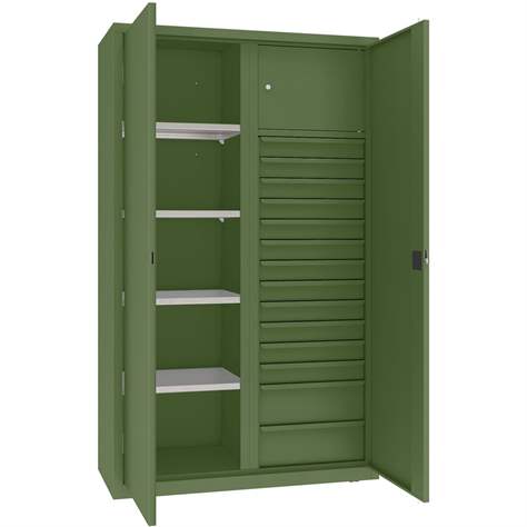 Werkstattschrank mit vertikaler Trennwand, 4 Fachböden, 14 Schubladen, HxBxT: 1990x1200x500 mm, Farbe grün RAL6011 - Malow