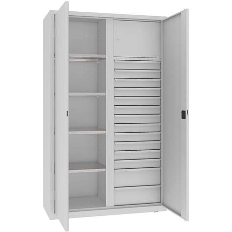 Werkstattschrank mit vertikaler Trennwand, 4 Fachböden, 14 Schubladen, HxBxT: 1990x1200x500 mm, Farbe grau RAL7035 - Malow