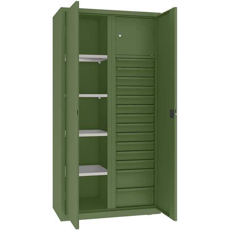 Dílenská skříň s vertikální dělící stěnou, 4 police, 14 zásuvek, v x š x h: 1990x1000x500 mm, barva zelená RAL6011 - Malow