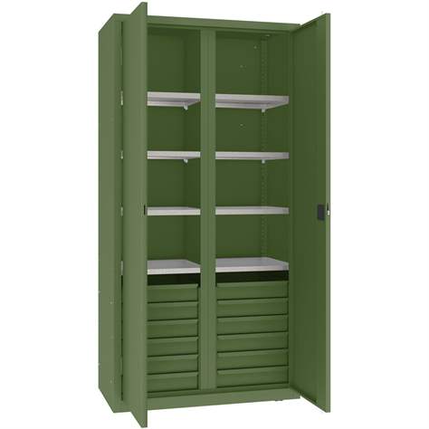 Dílenská skříň s vertikální dělící stěnou, 6 polic, 12 zásuvek, v x š x h: 1990x1000x500 mm, barva zelená RAL6011 - Malow