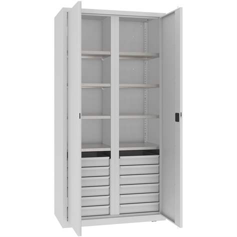 Werkstattschrank mit vertikaler Trennwand, 6 Fachböden, 12 Schubladen, HxBxT: 1990x1000x500 mm, Farbe grau RAL7035 - Malow