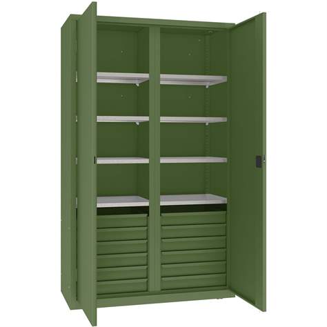 Werkstattschrank mit vertikaler Trennwand, 6 Fachböden, 12 Schubladen, HxBxT: 1990x1200x500 mm, Farbe grün RAL6011 - Malow