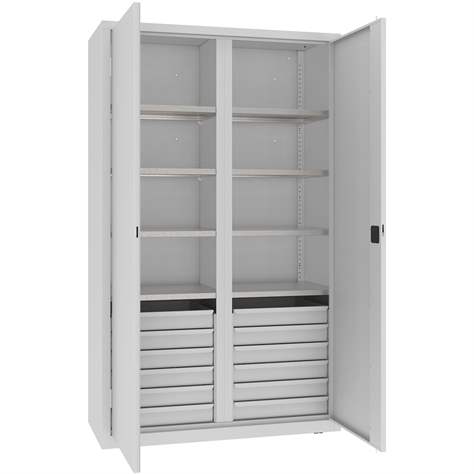 Werkstattschrank mit vertikaler Trennwand, 6 Fachböden, 12 Schubladen, HxBxT: 1990x1200x500 mm, Farbe grau RAL7035 - Malow