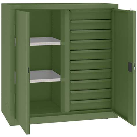 Werkstattschrank mit vertikaler Trennwand, 2 Fachböden, 10 Schubladen, HxBxT: 1040x1000x500 mm, Farbe grün RAL6011 - Malow