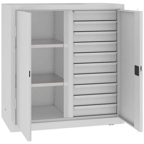 Werkstattschrank mit vertikaler Trennwand, 2 Fachböden, 10 Schubladen, HxBxT: 1040x1000x500 mm, Farbe grau RAL7035 - Malow