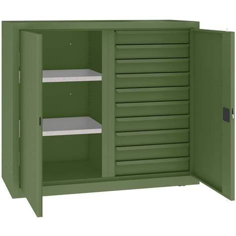 Dílenská skříň s vertikální dělící stěnou, 2 police, 10 zásuvek, v x š x h: 1040x1200x500 mm, barva zelená RAL6011 - Malow