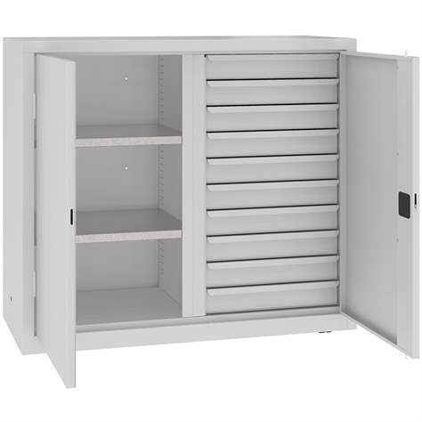 Dílenská skříň s vertikální dělící stěnou, 2 police, 10 zásuvek, v x š x h: 1040x1200x500 mm, barva šedá RAL7035 - Malow