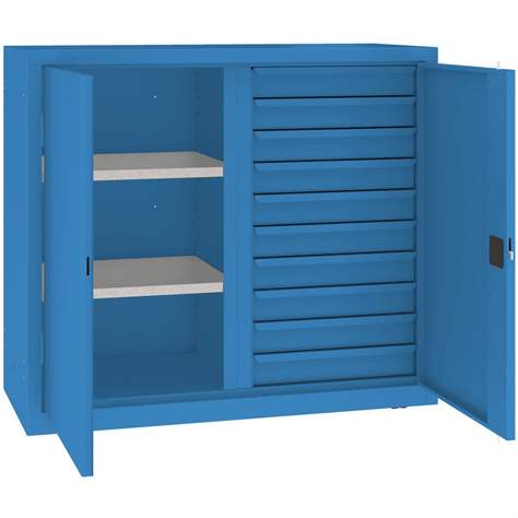 Werkstattschrank mit vertikaler Trennwand, 2 Fachböden, 10 Schubladen, HxBxT: 1040x1200x500 mm, Farbe blau RAL5012 - Malow