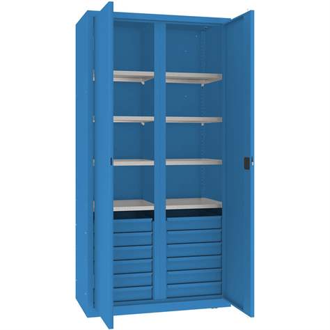 Werkstattschrank mit vertikaler Trennwand, 6 Fachböden, 12 Schubladen, HxBxT: 1990x1000x500 mm, Farbe blau RAL5012 - Malow
