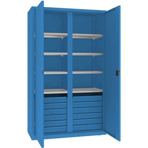 Dílenská skříň s vertikální dělící stěnou, 6 polic, 12 zásuvek, v x š x h: 1990x1200x500 mm, barva modrá RAL5012 - Malow