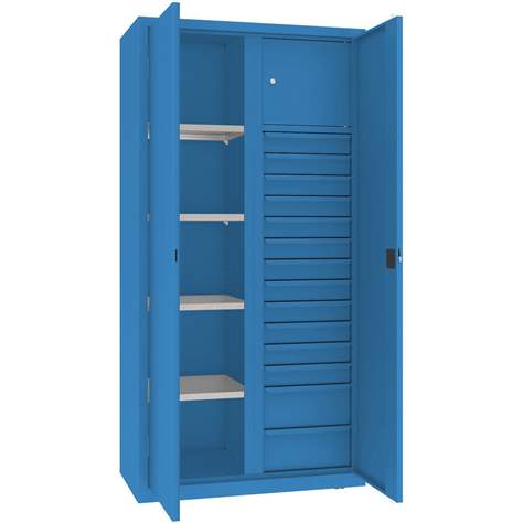 Werkstattschrank mit vertikaler Trennwand, 4 Fachböden, 14 Schubladen, HxBxT: 1990x1200x500 mm, Farbe blau RAL5012 - Malow