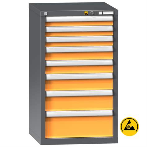 ESD Werkzeugschrank mit Schubladen, 8 Schubladen, H x B x T: 990 x 731 x 630 mm, Farbe Anthrazit RAL7016/orange RAL1028 - Polak CZ, s.r.o.
