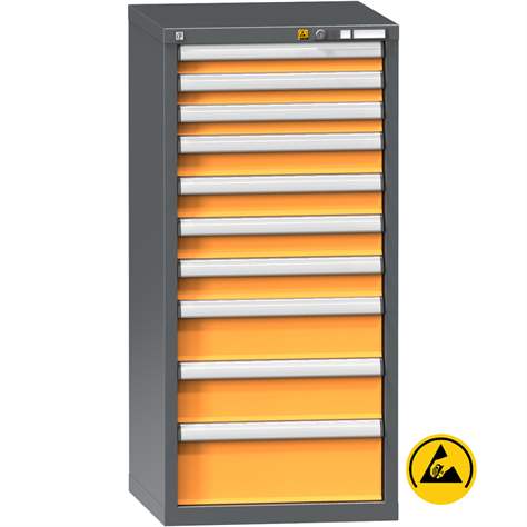 ESD dulap metalic atelier cu sertare pentru scule, 10 sertare, HxLxl: 1215 x 731 x 630 mm, antracit RAL7016/portocaliu RAL1028 - Polak CZ, s.r.o.