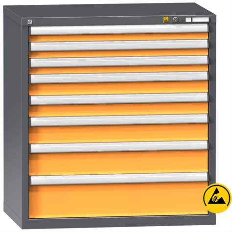 ESD Werkzeugschrank mit Schubladen, 8 Schubladen, H x B x T: 990 x 1037 x 630 mm, Farbe Anthrazit RAL7016/orange RAL1028 - Polak CZ, s.r.o.