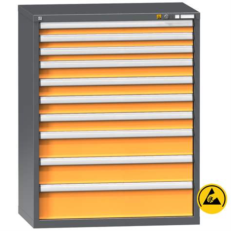 ESD dulap metalic atelier cu sertare pentru scule, 10 sertare, HxLxl: 1215 x 1037 x 630 mm, antracit RAL7016/portocaliu RAL1028 - Polak CZ, s.r.o.