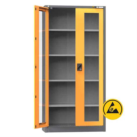 Dulap metalic de atelier ESD cu uși batante cu fereastră transparentă, HxLxl: 1950x950x400 mm, 4 x polițe 100 kg, antracit RAL7016/portocaliu RAL1028 - Polak CZ, s.r.o.