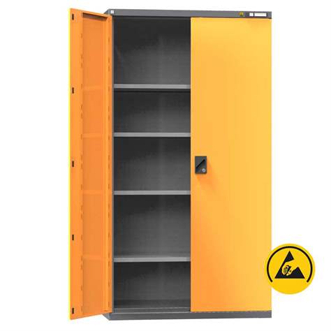 ESD Werkstatt-Schrank, HxBxT: 1950x1044x655 mm, Flügeltüren, 4 Fachböden 100 kg, Farbe Anthrazit RAL7016/orange RAL1028 - Polak CZ, s.r.o.