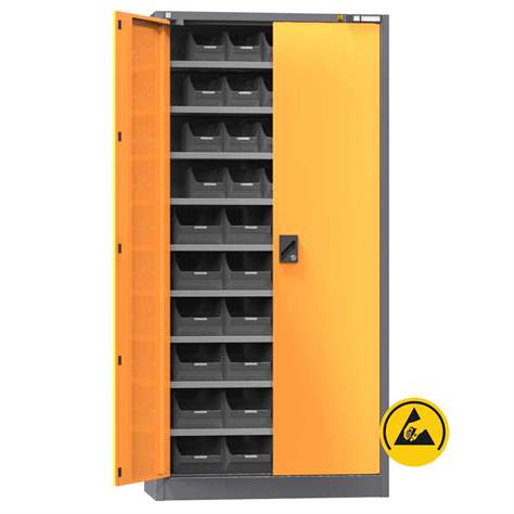 ESD zásobníková skříň, v x š x h: 1950x950x400 mm, 9 polic, 44 zásobníků, antracit RAL7016/oranžová RAL1028 - Polak CZ, s.r.o.