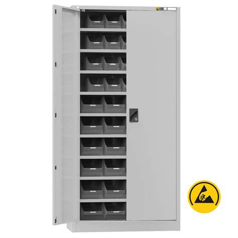 ESD Werkstatt-Schrank mit 44 St. Sichtregalkästen, HxBxT: 1950x950x400 mm, 9 Fachböden, Grau RAL7035 - Polak CZ, s.r.o.