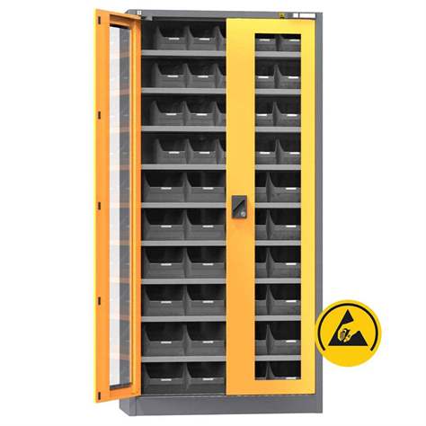 ESD zásobníková skříň, v x š x h: 1950x950x400 mm, dveře prosklené, 9 polic, 44 zásobníků, antracit RAL7016/oranžová RAL1028 - Polak CZ, s.r.o.