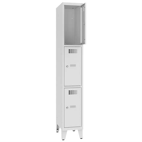 Schließfachschrank WEMO, 3 Abteile, 300x500x1940 mm, mit Füßen, Türfarbe Grau RAL7035, Zylinderschloss - Malow