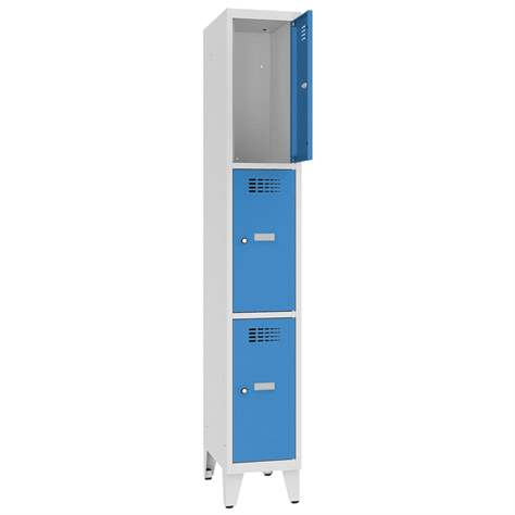Schließfachschrank WEMO, 3 Abteile, 300x500x1940 mm, mit Füßen, Türfarbe Blau RAL5012, Zylinderschloss - Malow