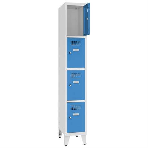 Schließfachschrank WEMO, 4 Abteile, 300x500x1940 mm, mit Füßen, Türfarbe Blau RAL5012, Drehriegelverschluss - Malow